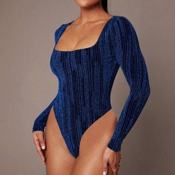Shimmering Long-Sleeve Square-Neck Bodysuit In Sparkling Blue Stretch Fabric - Picture 3 of 8